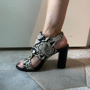 French Connection "Toni" Black/White Snake Print Block Heeled Sandal